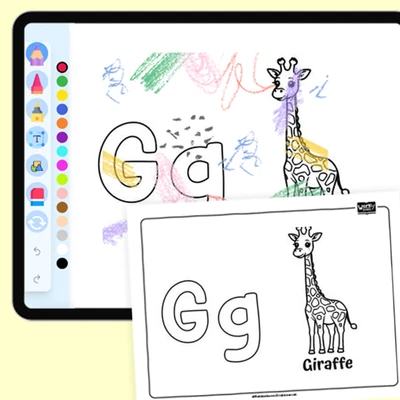 Gentle Giraffe, Alphabet G - coloring educational content