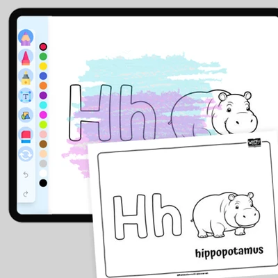 Happy Hippo, Alphabet H - coloring educational content