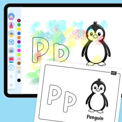 Playful Penguin, Alphabet P - coloring educational content