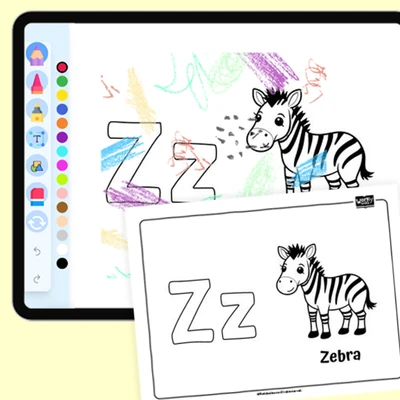 Zippy Zebra, Alphabet Z - coloring educational content