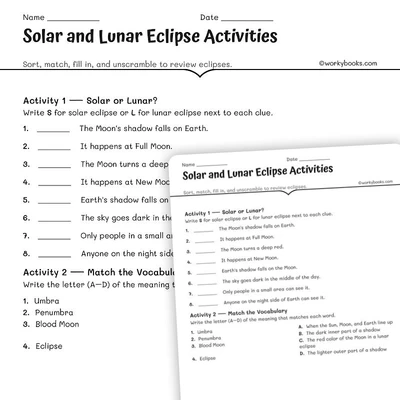 Solar and Lunar Eclipse Activities - worksheet educational content