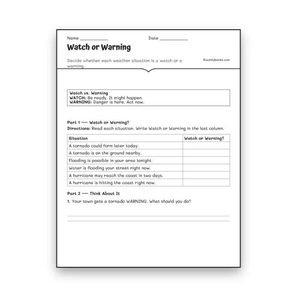 Watch or Warning - worksheet educational content