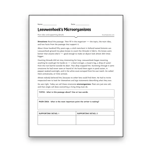 Main Idea—Leeuwenhoek's Microorganisms - worksheet educational content