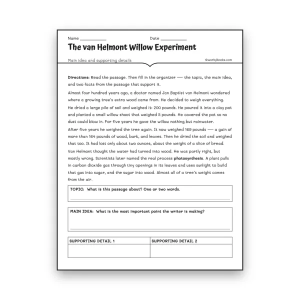 Main Idea-The van Helmont Willow Experiment - worksheet educational content