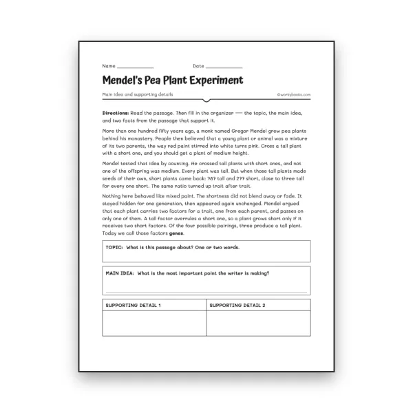 Mendel's Pea Plant Experiment - worksheet educational content