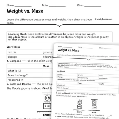 Weight vs. Mass - worksheet educational content