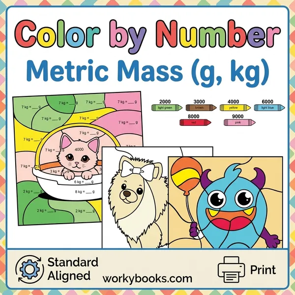 Metric Mass Conversion | Color by Number Worksheets | g to kg - bundle educational content