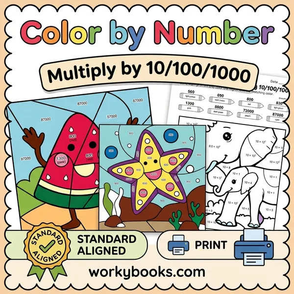 Multiplying by 10, 100, 1000 | Color by Number Worksheets - bundle educational content