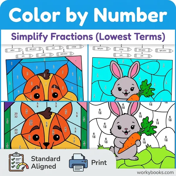 Simplifying Fractions | Color by Number | Worksheets - bundle educational content