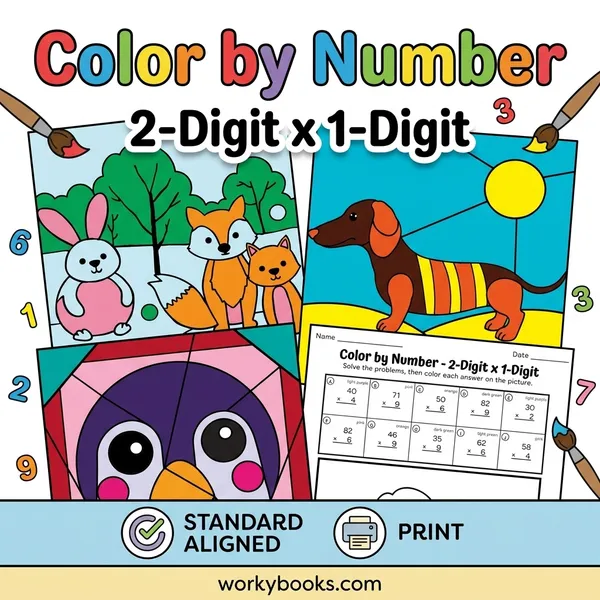 2-Digit by 1-Digit Multiplication | Color by Number | Worksheet - bundle educational content