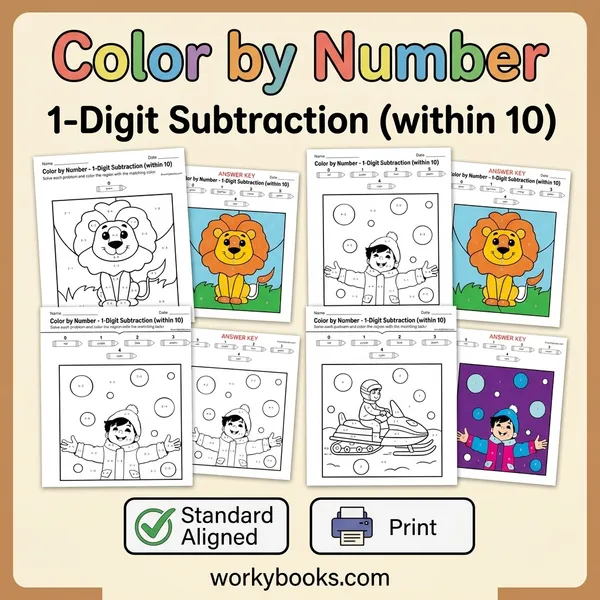 1-Digit Subtraction | Color by Number | Worksheet - bundle educational content