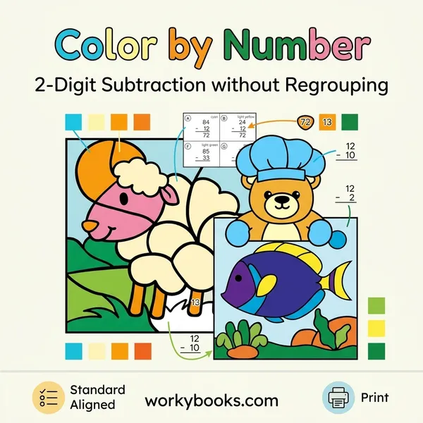 2-Digit Subtraction Without Regrouping | Color by Number | Worksheet - bundle educational content