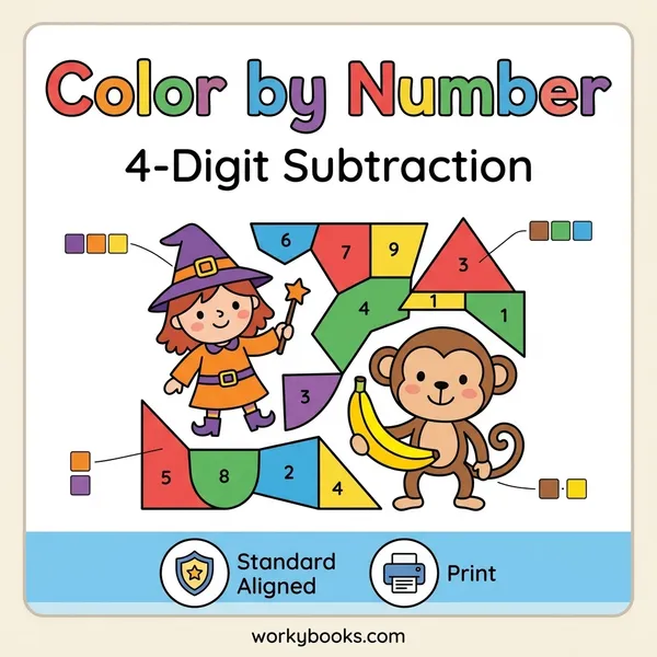 4-Digit Subtraction | Color by Number | Worksheet - bundle educational content