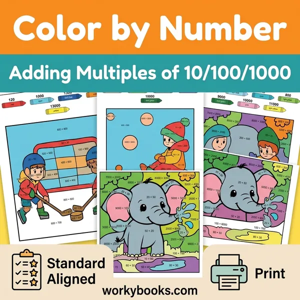 Adding Multiples of 10, 100, and 1000 | Color by Number | Worksheet - bundle educational content