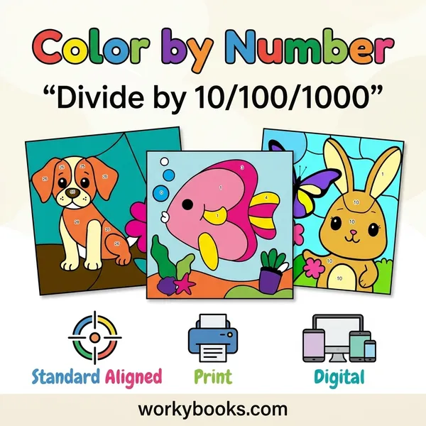 Color by Number Division Worksheets | Powers of 10 & Basic Division - bundle educational content
