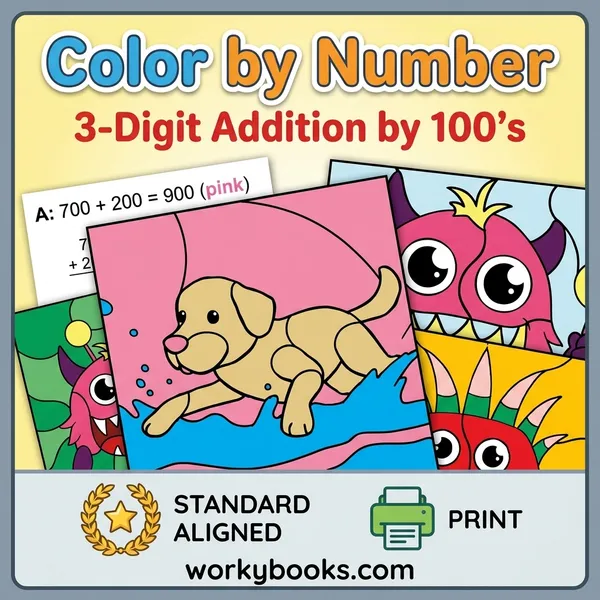 3-Digit Addition by 100s | Color by Number | Worksheet | Grade 2-3 - bundle educational content