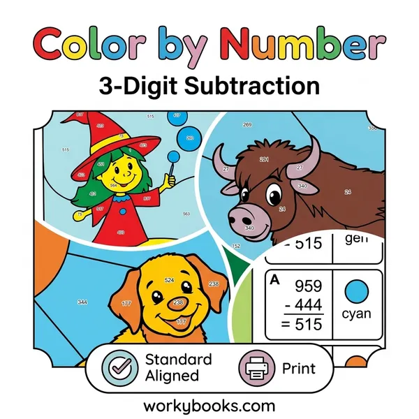 3-Digit Subtraction | Color by Number | Worksheets - bundle educational content