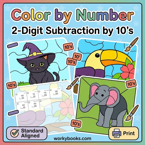 2-Digit Subtraction by 10s | Color by Number | Worksheet - bundle educational content