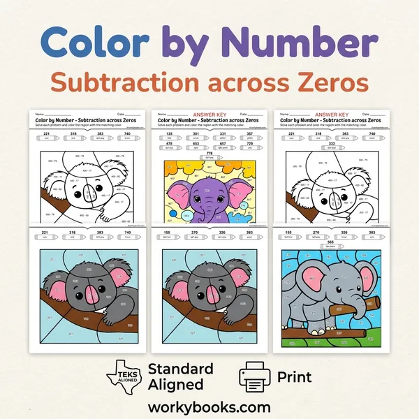 Subtraction across Zeros | Color by Number | Worksheet - bundle educational content