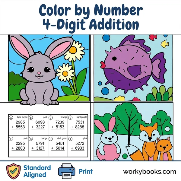 4-Digit Addition | Color by Number | Worksheet - bundle educational content