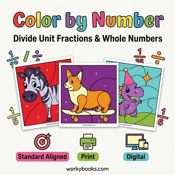 Divide Unit Fractions & Whole Numbers | Color by Number Activity - bundle educational content