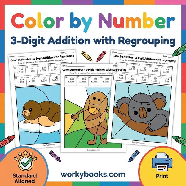 3-Digit Addition with Regrouping | Color by Number | Worksheet - bundle educational content