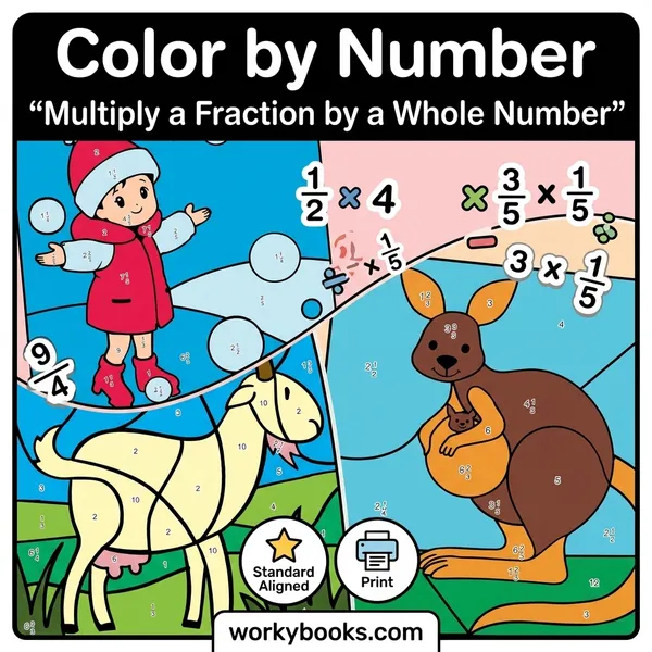 Multiplying Fractions by Whole Numbers | Color by Number Worksheets - bundle educational content