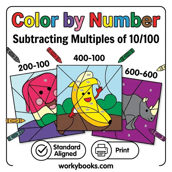 Subtracting Multiples of 10 and 100 | Color by Number | Worksheet - bundle educational content