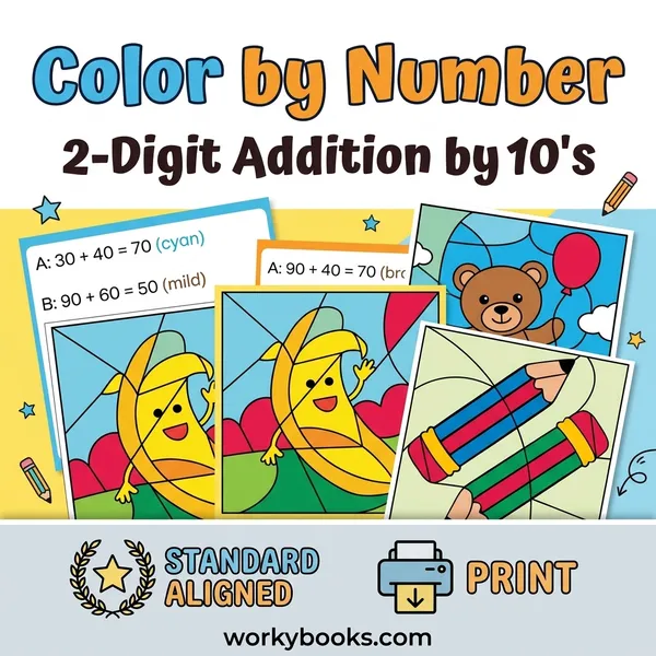 2-Digit Addition by 10s | Color by Number | Worksheet - bundle educational content