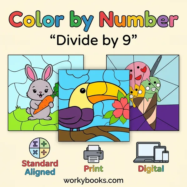 Division Color by Number Activity | Divide by 9 Practice Worksheets - bundle educational content