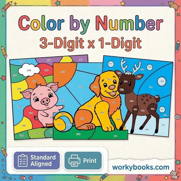 3-Digit by 1-Digit Multiplication | Color by Number | Worksheet - bundle educational content