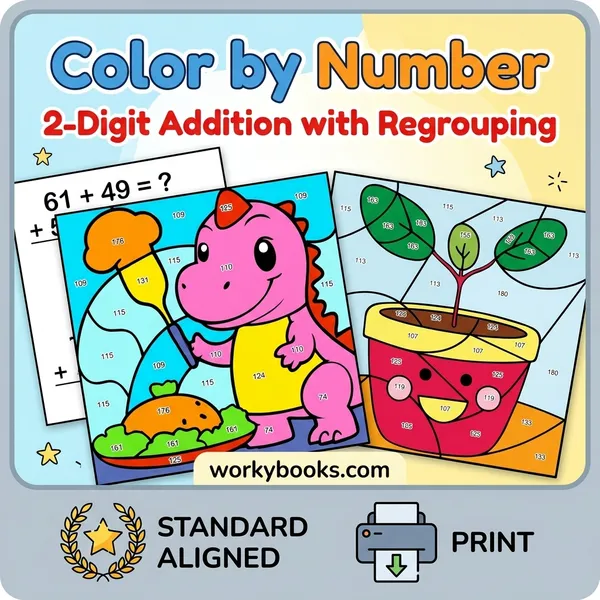 2-Digit Addition with Regrouping | Color by Number Worksheet - bundle educational content
