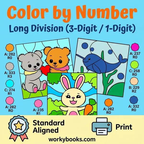 3-Digit Division | Color by Number | Worksheet - bundle educational content