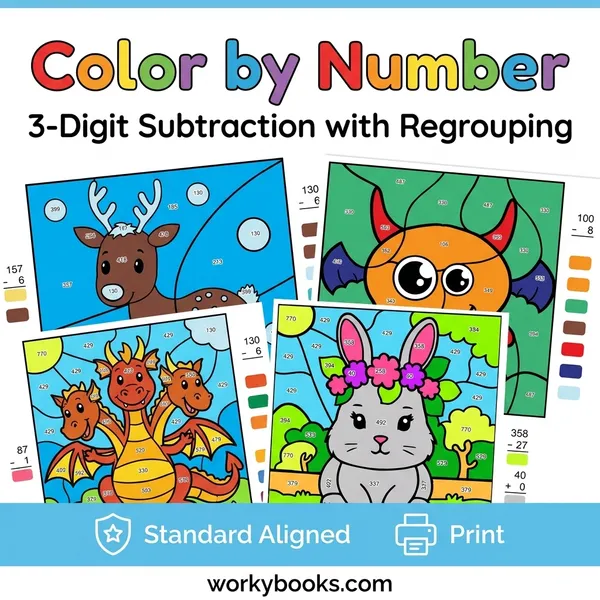3-Digit Subtraction with Regrouping | Color by Number | Worksheet - bundle educational content