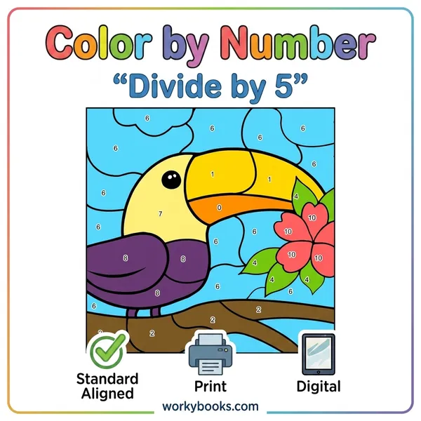 Divide by 5 Color by Number Worksheet - bundle educational content