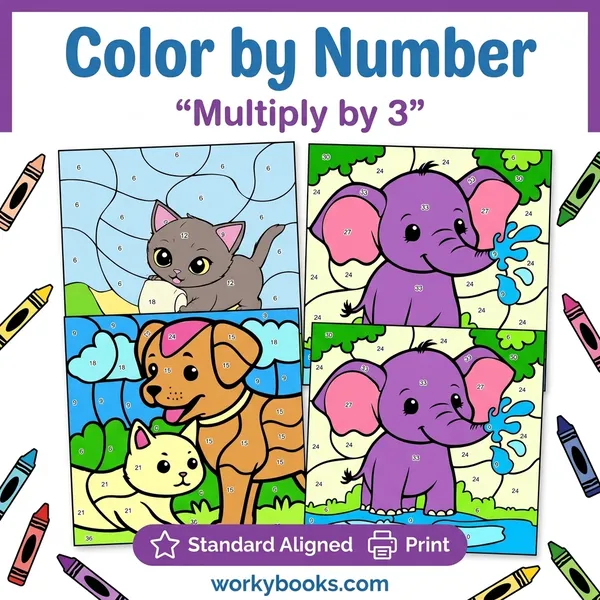 Multiply by 3 | Color by Number Activity | Math Worksheets | Grade 2-3 - bundle educational content