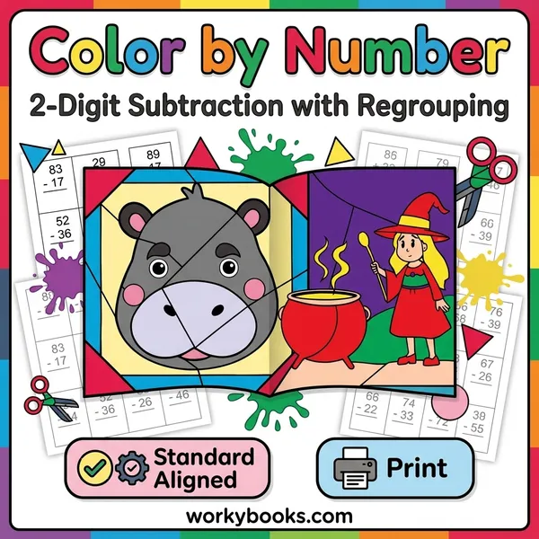 2-Digit Subtraction with Regrouping | Color by Number Worksheet - bundle educational content