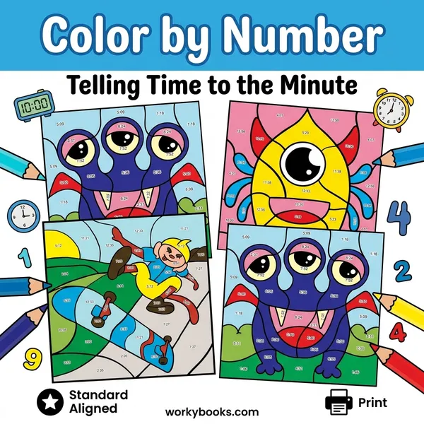 Telling Time to the Minute | Color by Number | Worksheet - bundle educational content