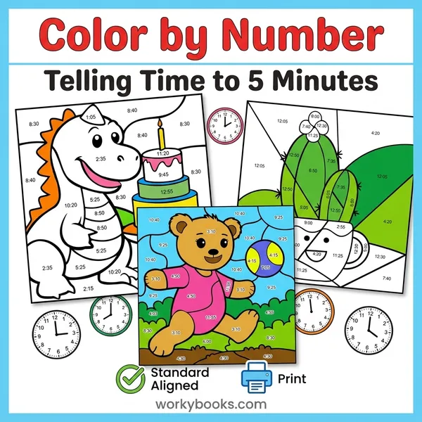 Telling Time to 5 Minutes | Color by Number Worksheets - bundle educational content