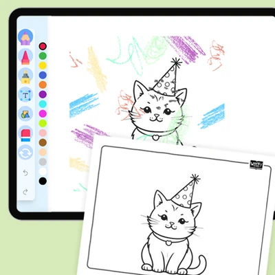 Cat wearing a party hat - coloring educational content