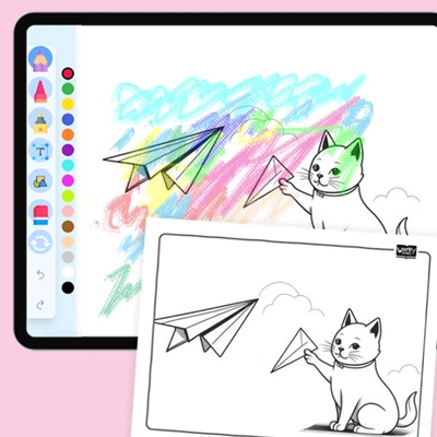 Cat playing with a paper airplane - coloring educational content