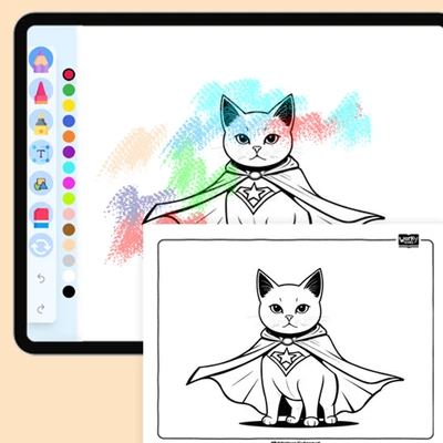 Cat wearing a superhero cape - coloring educational content