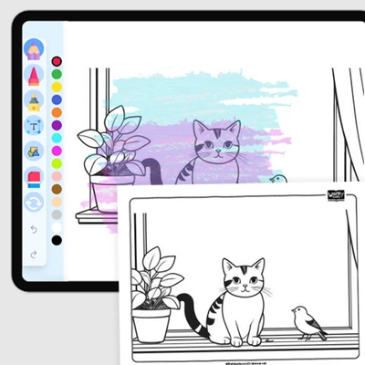 Cat and bird sitting on a windowsill - coloring educational content