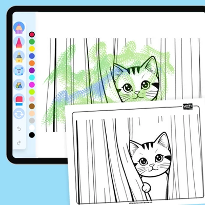 Curious cat behind the curtain - coloring educational content