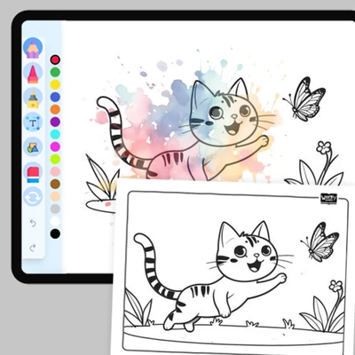 Cat chasing a butterfly - coloring educational content