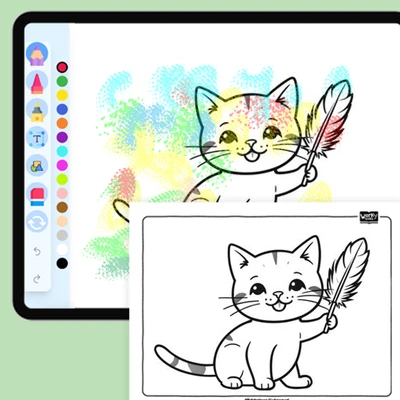 Cat playing with a feather wand - coloring educational content