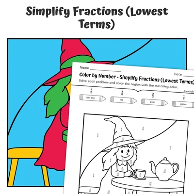 Simplify Fractions Color by Number — Witch Having a Tea Party - worksheet educational content
