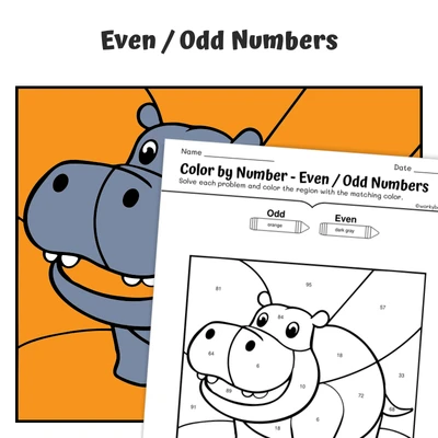 Even & Odd Color by Number — Zoo Animal Hippopotamus - worksheet educational content