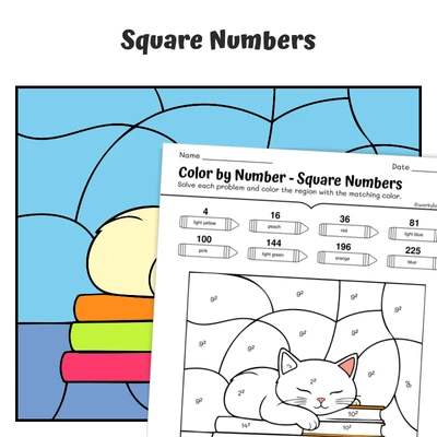 Squares Color by Number — cat sleeping on books - worksheet educational content