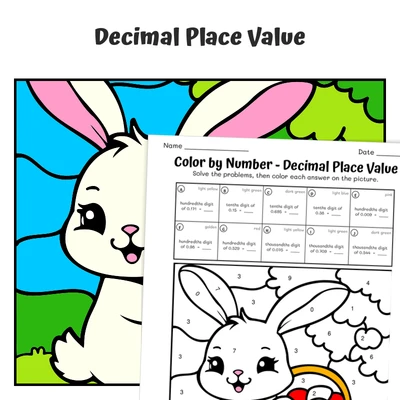 Decimal Place Value Color by Number — Bunny with a Basket - worksheet educational content